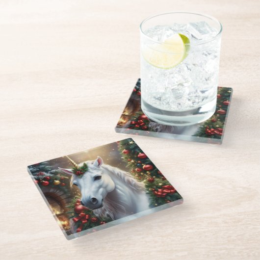 „Das Einhorn des Noel“ Glasuntersetzer (Schrägansicht)