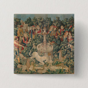 Das Einhorn ist gefunden, mittelalterliche Tapest Button