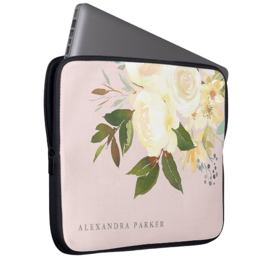 Das Elfenbein-Aquarell, das erröten mit Blumen ist Laptopschutzhülle (Vorne Rechts)