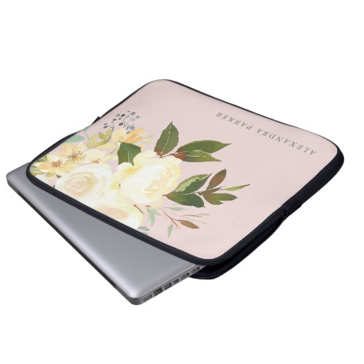 Das Elfenbein-Aquarell, das erröten mit Blumen ist Laptopschutzhülle (Vorne Knopf)