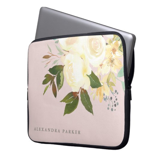 Das Elfenbein-Aquarell, das erröten mit Blumen ist Laptopschutzhülle (Vorderseite Links)