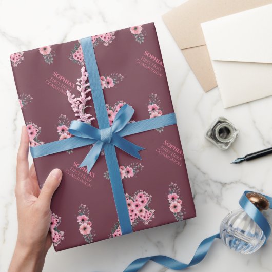 Das erste Heilige Kommunion Girl Pink Blume Chic Geschenkpapier (Schenken)