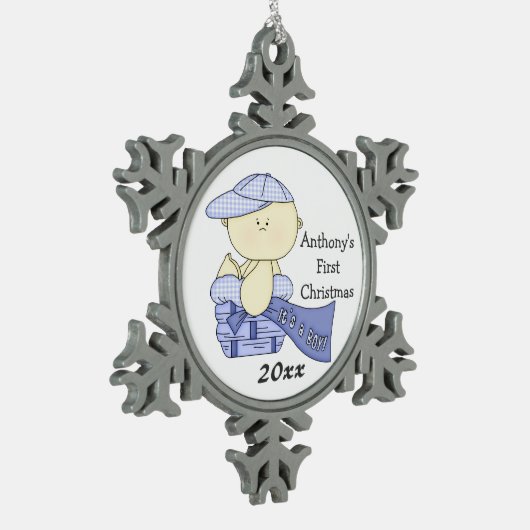 Das erste Weihnachten des Babys/Junge-Fertigen Schneeflocken Zinn-Ornament (Links)