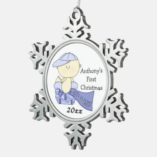 Das erste Weihnachten des Babys/Junge-Fertigen Schneeflocken Zinn-Ornament (Rechts)