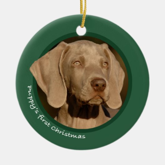 Das erste Weihnachten des Welpen (Weimaraner) Keramikornament (Vorne)