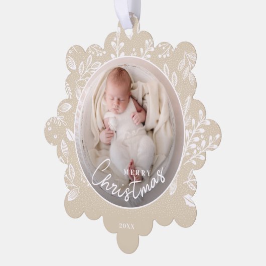 Das erste Weihnachtsfest des Babys auf dem Elfenbe Ornament Karte (Linke Ecke)