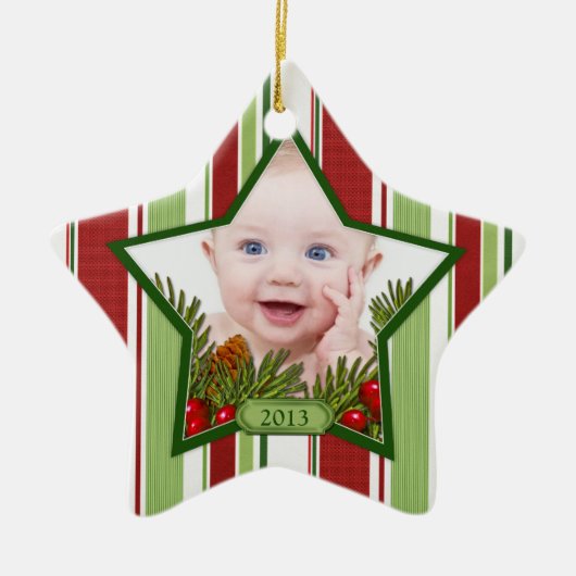 Das erste Weihnachtsfest im Foto Xmas Stripes Star Keramikornament (Vorne)