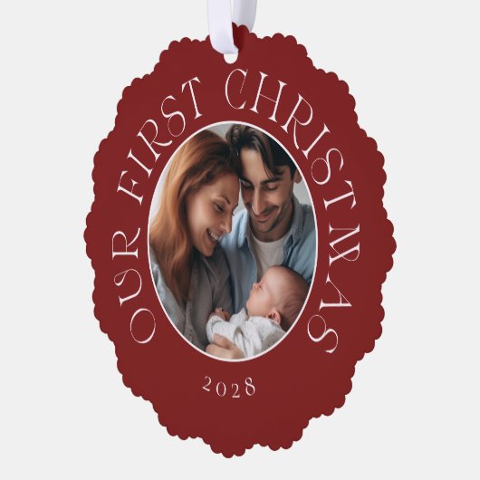 Das erste Weihnachtsfest in Roter Familie Foto Ornament Karte (Links)