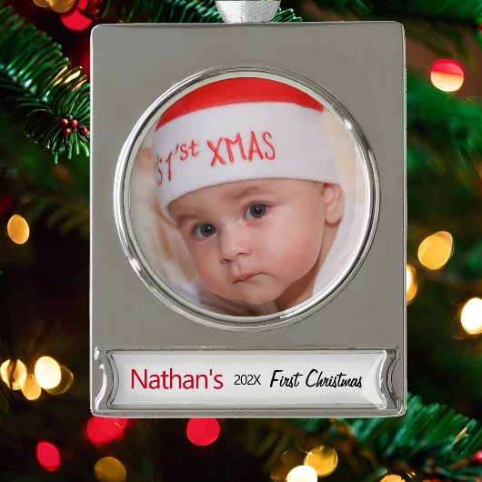 Das erste Weihnachtsfoto-Template-Jahr des Babys Banner-Ornament Silber