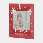 Das erste Weihnachtsrot-Schneeflocken-Foto des Bab Ornament Aus Glas (Vorderseite links)