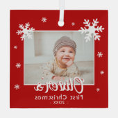 Das erste Weihnachtsrot-Schneeflocken-Foto des Bab Ornament Aus Glas (Rückseite)