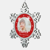 Das erste Weihnachtsrot-Schneeflocken-Foto des Bab Schneeflocken Zinn-Ornament (Rechts)