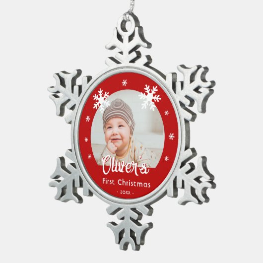 Das erste Weihnachtsrot-Schneeflocken-Foto des Bab Schneeflocken Zinn-Ornament (Rechts)