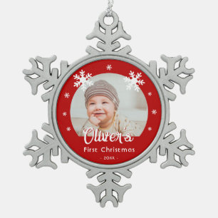 Das erste Weihnachtsrot-Schneeflocken-Foto des Bab Schneeflocken Zinn-Ornament