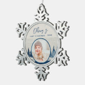 Das erste Weihnachtswald-Foto des Babys Schneeflocken Zinn-Ornament (Rechts)