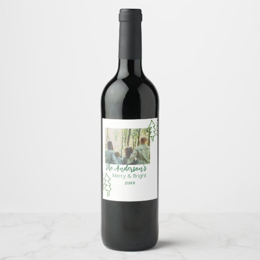 Das familiengrüne Weihnachtsbaum Foto modern Weinetikett (Vorderseite)