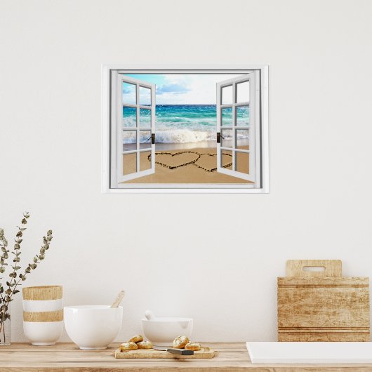 Das Fenster "Herz in Sandstrand" des Imitats Poster (Küche)