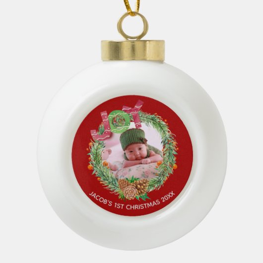 Das festliche JOY Baby's First Christmas FOTO Keramik Kugel-Ornament (Vorderseite)