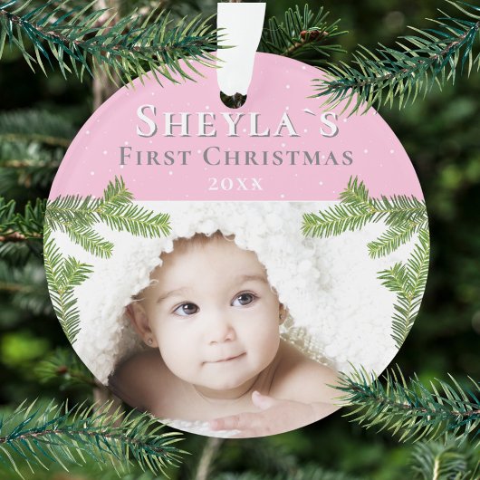 Das festliche Pink Baby's erstes Weihnachtsfest-Fo Ornament