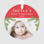 Das festliche Red Baby's First Christmas Foto Ornament (Rückseite)