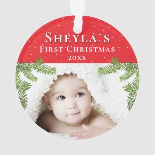 Das festliche Red Baby's First Christmas Foto Ornament (Rückseite)