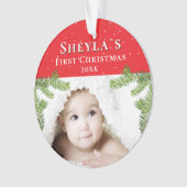 Das festliche Red Baby's First Christmas Foto Ornament (Vorderseite)