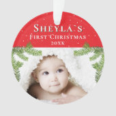 Das festliche Red Baby's First Christmas Foto Ornament (Vorderseite)