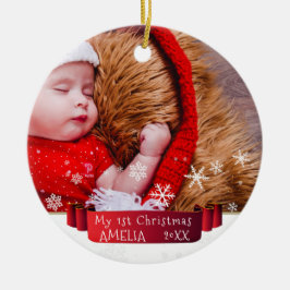 Das festliche Red Ribbon Baby's erstes Weihnachtsf Keramik Ornament