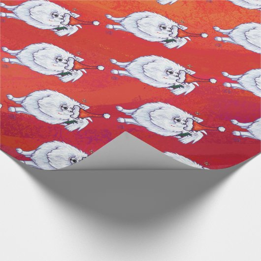 Das festliche, weiße PomPom-Dog-Muster auf Rot Geschenkpapier (Ecke)