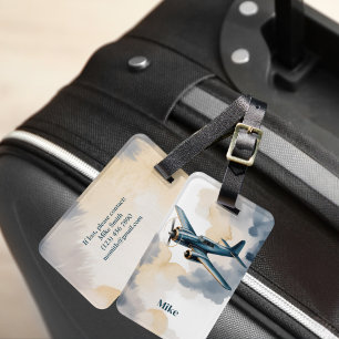 Das Flugzeug bewölkt Blau und Gold Aquarell Elegan Gepäckanhänger