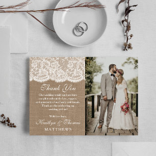 Das Foto Burlap & Lace Wedding Dankeskarte