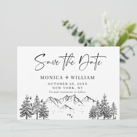 Das Foto der handgezogenen Berge Forest Wedding Re Save The Date (Stehend Vorderseite)