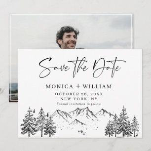 Das Foto der handgezogenen Berge Forest Wedding Re Save The Date
