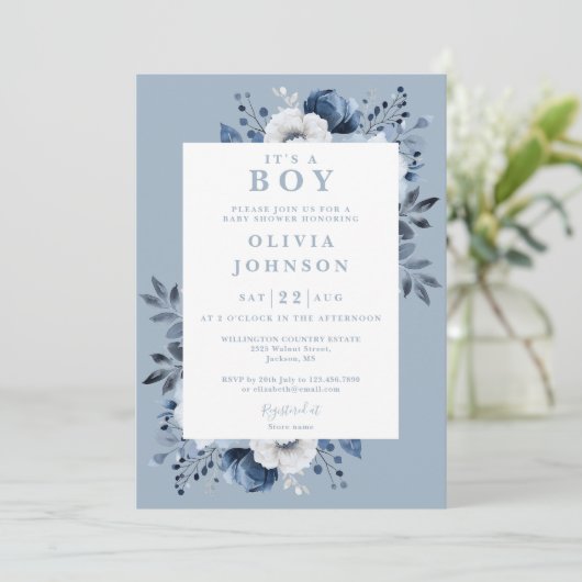 Das Foto QR Baby Dusche ist ein Junge Dusty Blue F Einladung (Stehend Vorderseite)