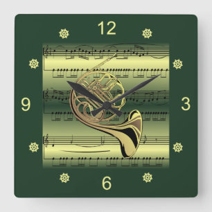 Das französische Horn~Rolled Sheet Music~Gold/Gree Quadratische Wanduhr