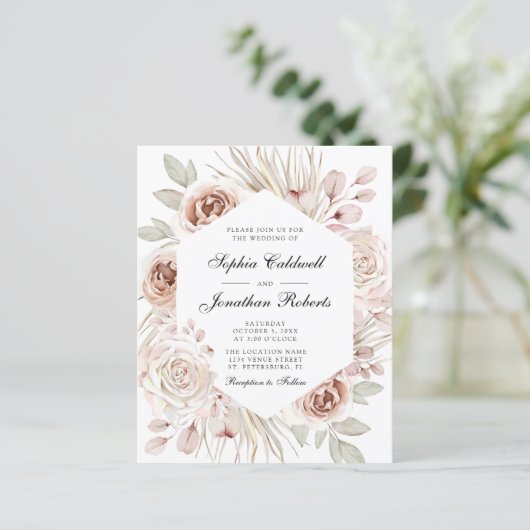 Das ganze Budget in einem Boho Pink Roses Einladun (Stehend Vorderseite)