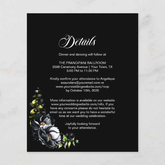 Das ganze Budget in einer moody Black Floral Hochz (Rückseite)