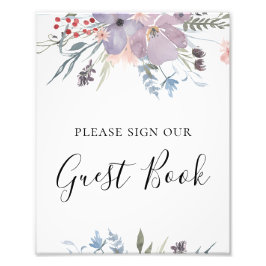 Das Gästebuchschild mit violetten Blumen. Botanisc Fotodruck