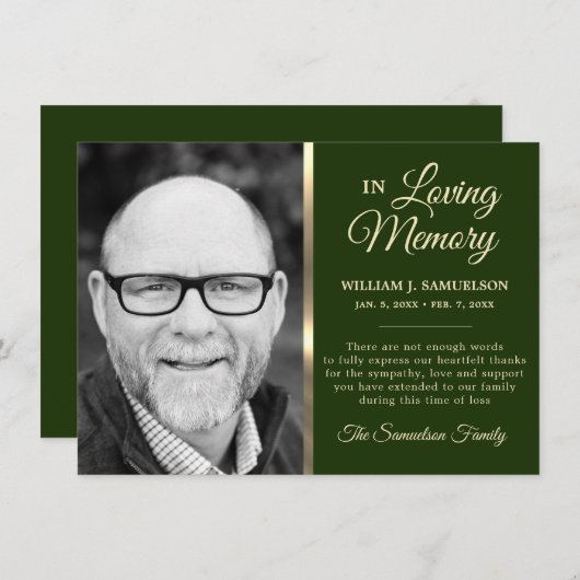 Das Gedächtnis des grünen Beileids DANK IHNEN Foto Einladung (Vorne/Hinten)