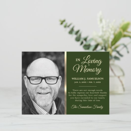 Das Gedächtnis des grünen Beileids DANK IHNEN Foto Einladung (Stehend Vorderseite)