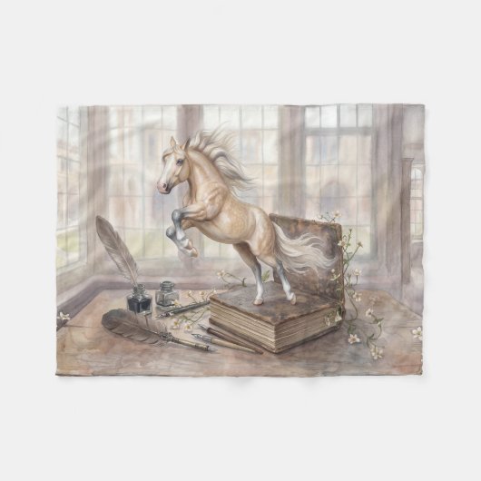 Das gelehrte Pferd springt aus einem Buch Fleecedecke (Vorderseite (Horizontal))