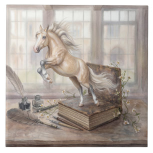Das gelehrte Pferd springt aus einem Buch Fliese