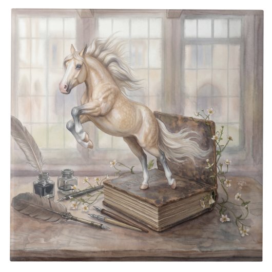 Das gelehrte Pferd springt aus einem Buch Fliese (Vorderseite)