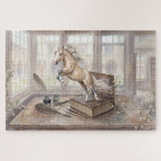 Das gelehrte Pferd springt aus einem Buch Puzzle (Horizontal)