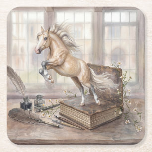 Das gelehrte Pferd springt aus einem Buch Rechteckiger Pappuntersetzer