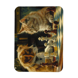 Das Gelehrten-Duell Katze und Hund spielen Schac Magnet
