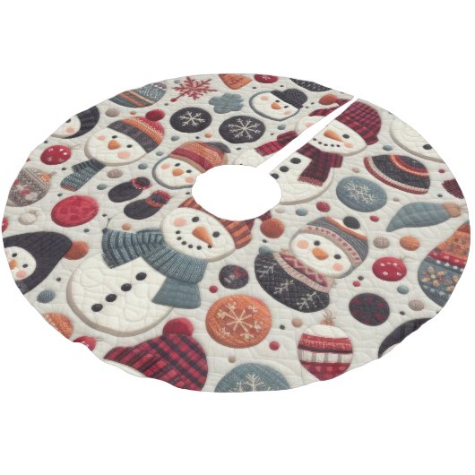 Das gequiltete Muster der Schneemänner Polyester Weihnachtsbaumdecke (Schrägansicht)