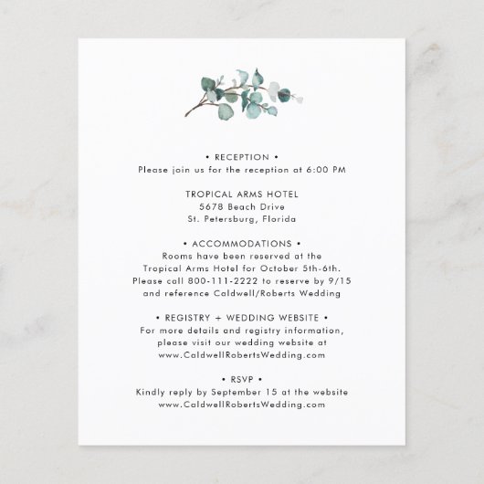 Das gesamte Budget in einer Eukalyptus-Hochzeitsfe (Rückseite)