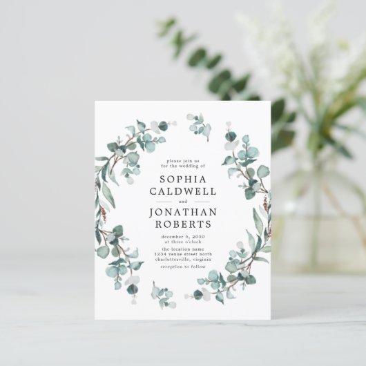 Das gesamte Budget in einer Eukalyptus-Hochzeitsfe (Stehend Vorderseite)