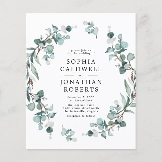 Das gesamte Budget in einer Eukalyptus-Hochzeitsfe (Vorderseite)